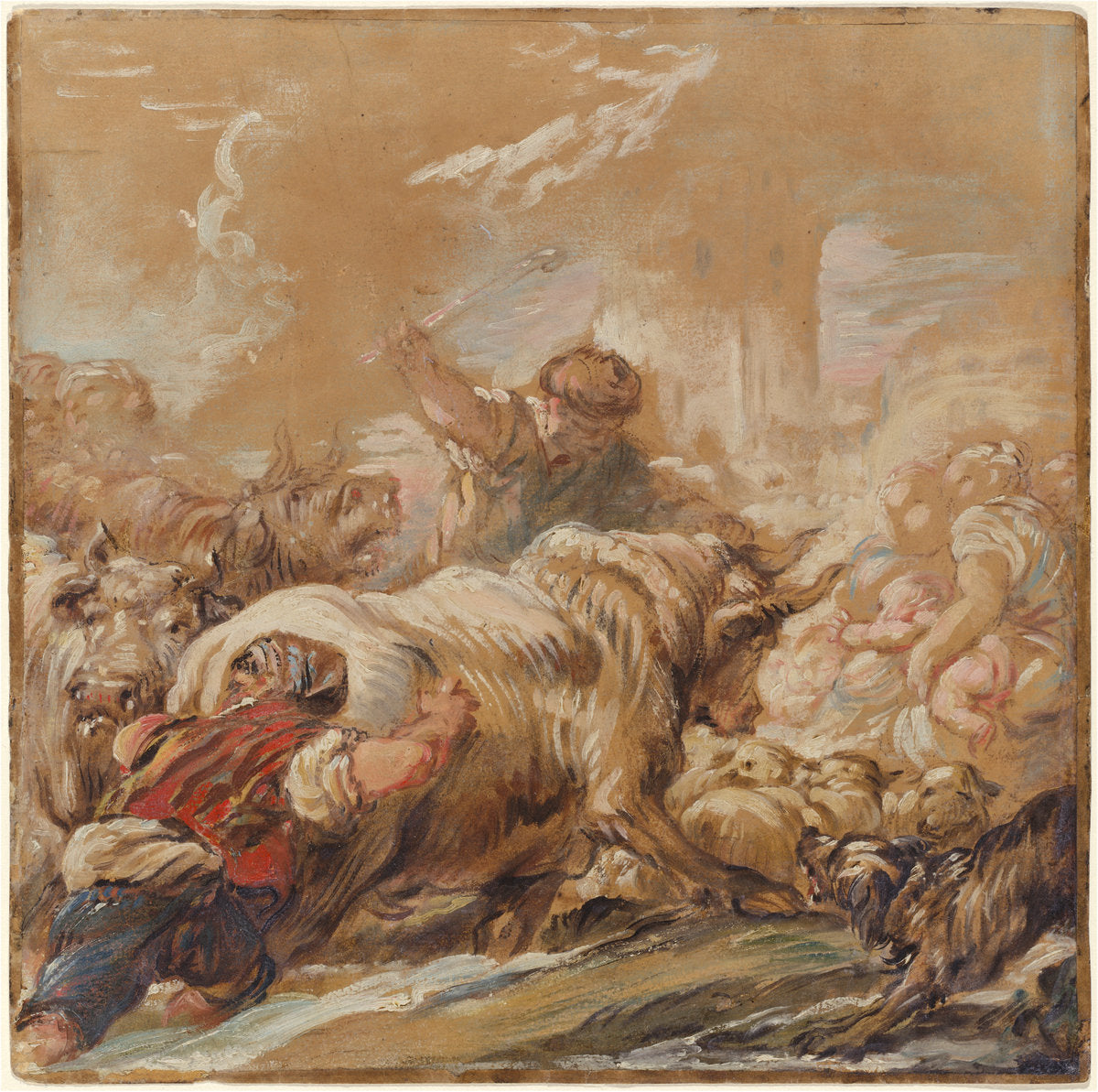 Herdsmen Driving Cattle across a Stream by Jean-Baptiste Deshays (French, 1729 - 1765), 16X12"(A3)Poster Print