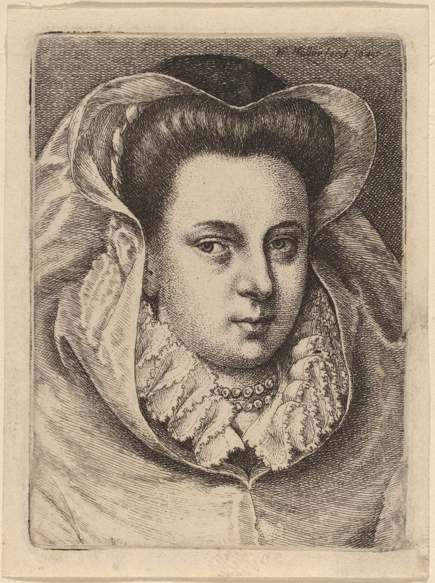 Woman with White Veil and Black Hat (Mary Stuart?) by Wenceslaus Hollar (Bohemian, 1607 - 1677), 16X12"(A3)Poster Print