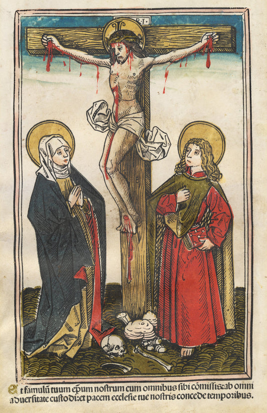1493 by Augsburg 15th Century (and attributed to Hans Burgkmair?) (Christ on the Cross with the Virgin and Saint John), 16X12"(A3)Poster Print
