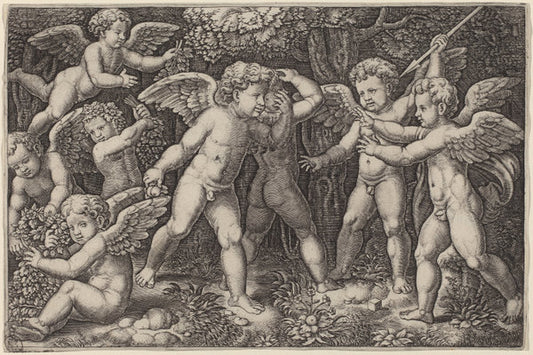 Putti Playing by Master of the Die after Raphael (Italian, active c. 1532), 16X12"(A3)Poster Print
