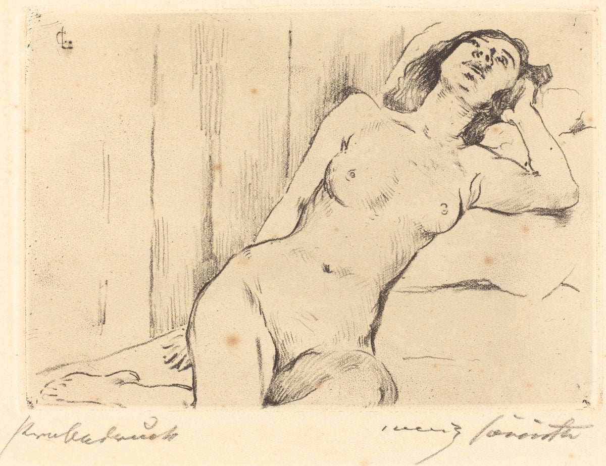 Reclining Female Nude (Ruhende Dreiviertel Akt) by Lovis Corinth (German, 1858 - 1925), 16X12"(A3)Poster Print