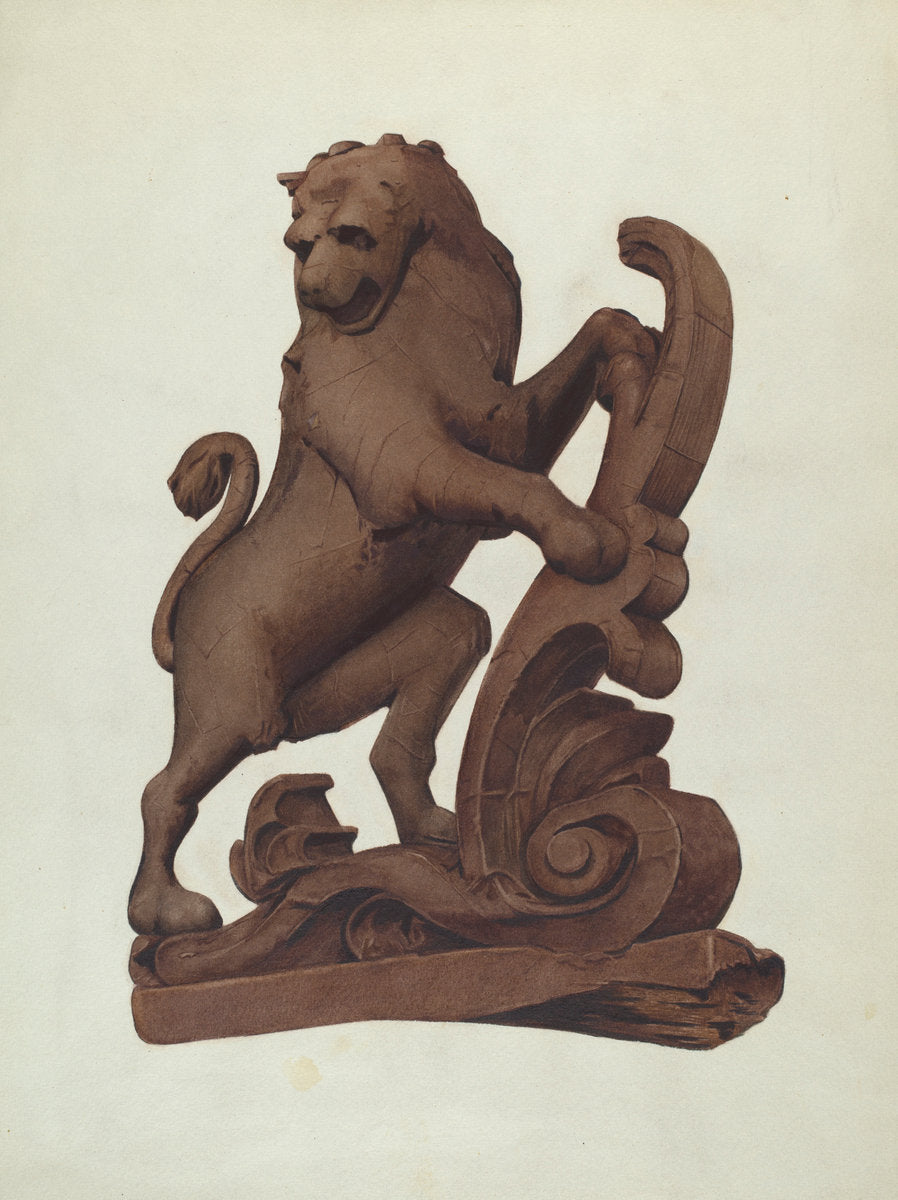 Woodcarving of a Lion by Alice Stearns (American, active c. 1935), 16X12"(A3)Poster Print