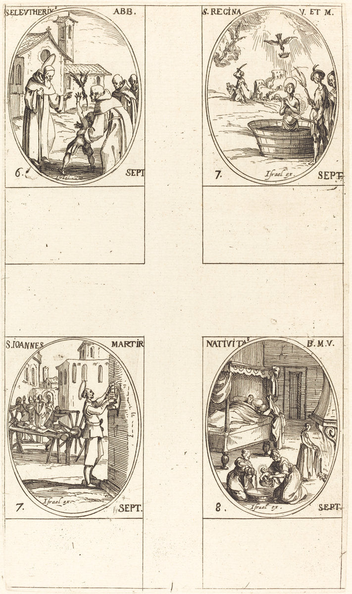 St. Eleutherius, Abbot; St. Regina;  St. John; The Nativity of the Virgin by Jacques Callot (French, 1592 - 1635), 16X12"(A3)Poster Print