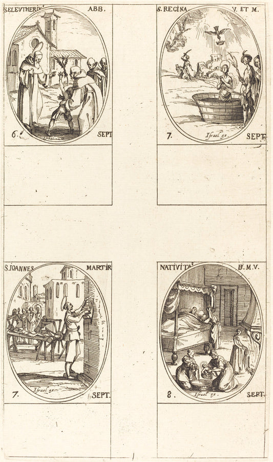St. Eleutherius, Abbot; St. Regina;  St. John; The Nativity of the Virgin by Jacques Callot (French, 1592 - 1635), 16X12"(A3)Poster Print