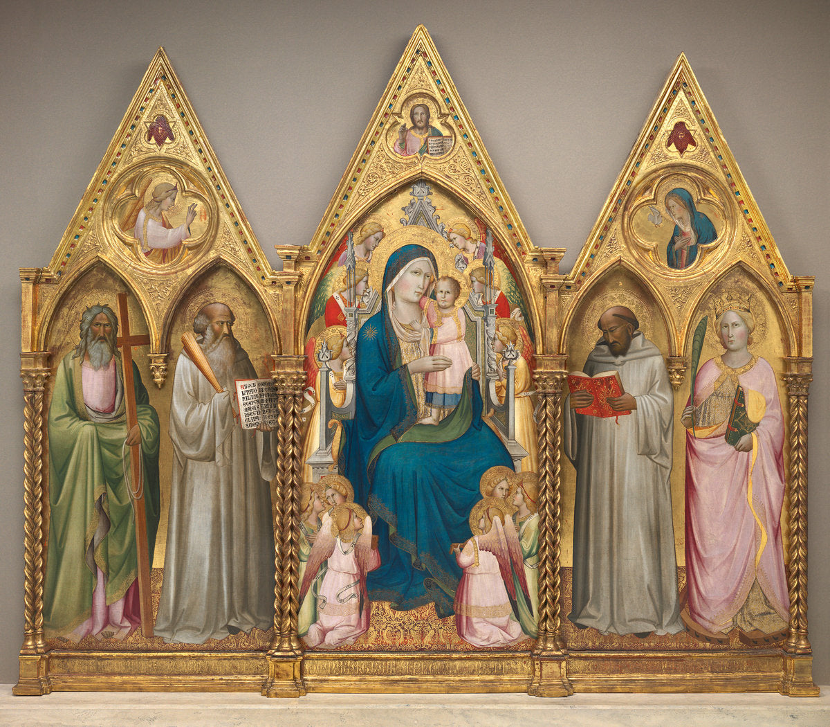 Madonna and Child with Saints Andrew, Benedict, Bernard, and Catherine of Alexandria with Angels [entire triptych] by Agnolo Gaddi (Florentine, c. 1350 - 1396), 16X12"(A3)Poster Print