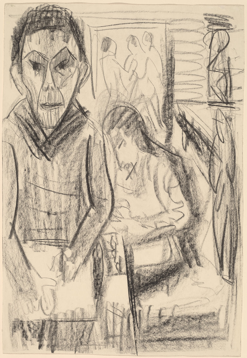 Self-Portrait in the Studio by Ernst Ludwig Kirchner (German, 1880 - 1938), 16X12"(A3)Poster Print