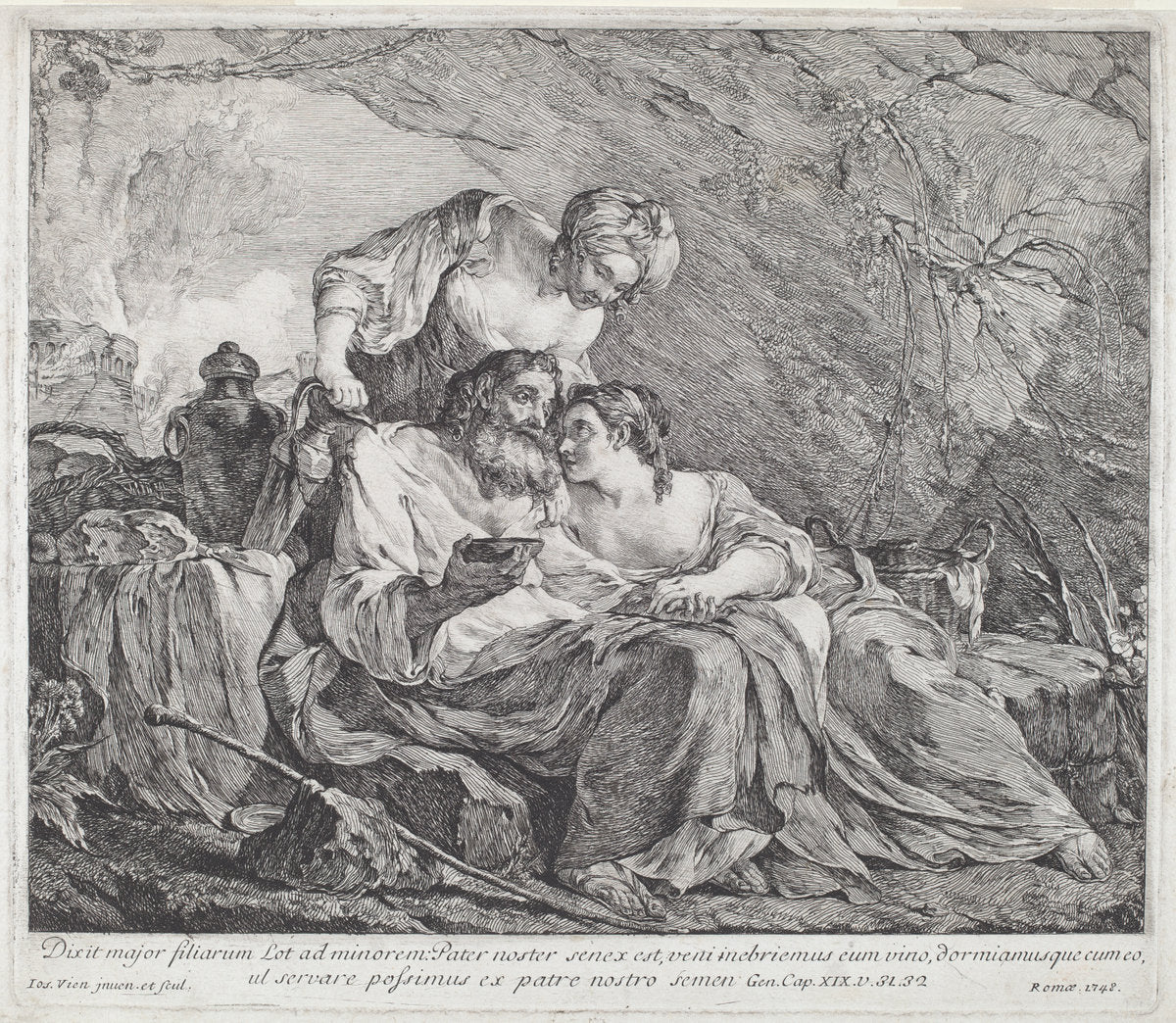 Lot and His Daughters by Joseph-Marie Vien (French, 1716 - 1809), 16X12"(A3)Poster Print