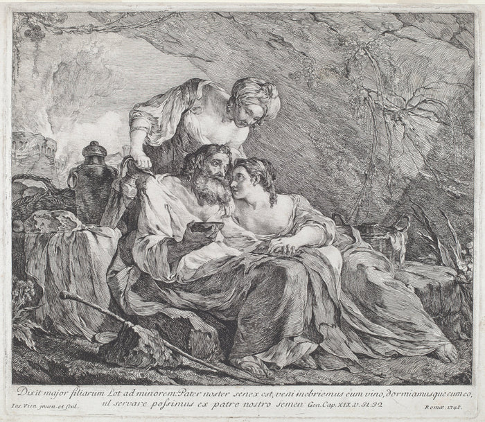 Lot and His Daughters by Joseph-Marie Vien (French, 1716 - 1809), 16X12