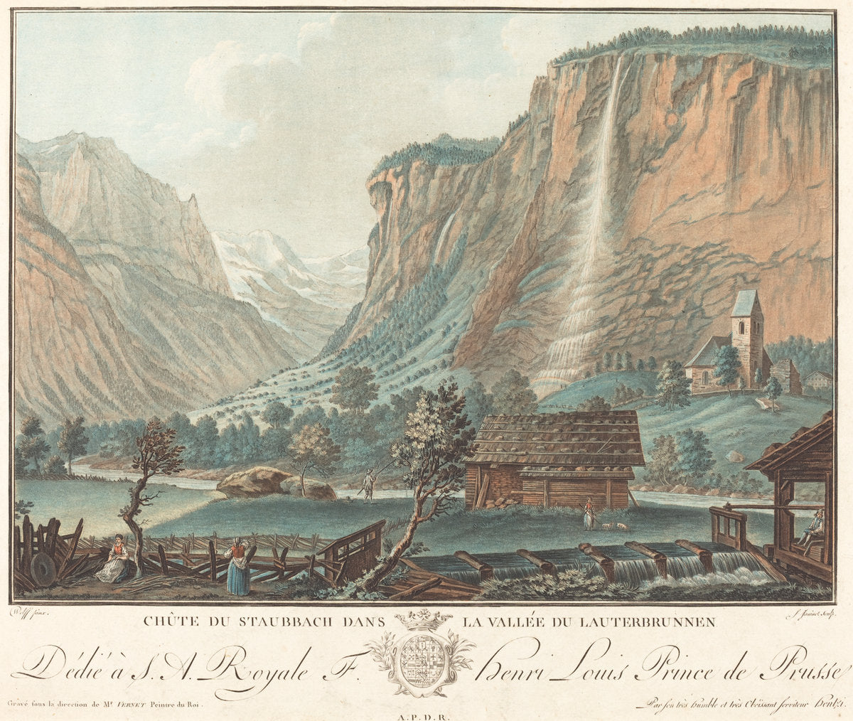 Chute de Staubbach, dans la Vallée de Lauterbrunnen (Falls at Staubbach in the Lauterbrunnen Valley) by Jean-François Janinet after Caspar Wolf (French, 1752 - 1814), 16X12"(A3)Poster Print