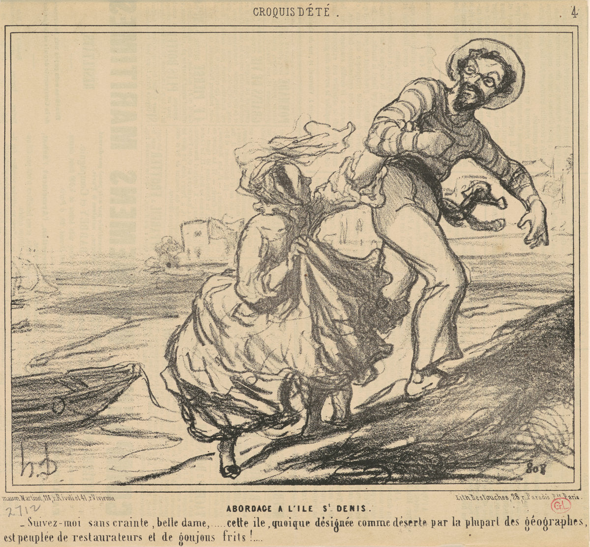 Abordage a l'ile Saint-Denis by Honoré Daumier (French, 1808 - 1879), 16X12"(A3)Poster Print