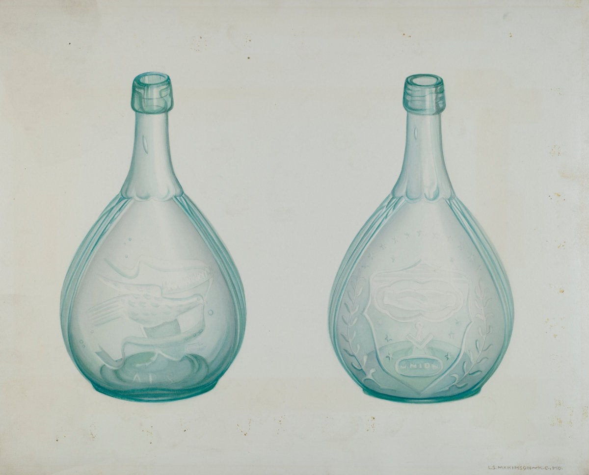 Green Whiskey Bottle by Loraine Makimson (American, active c. 1935), 16X12"(A3)Poster Print