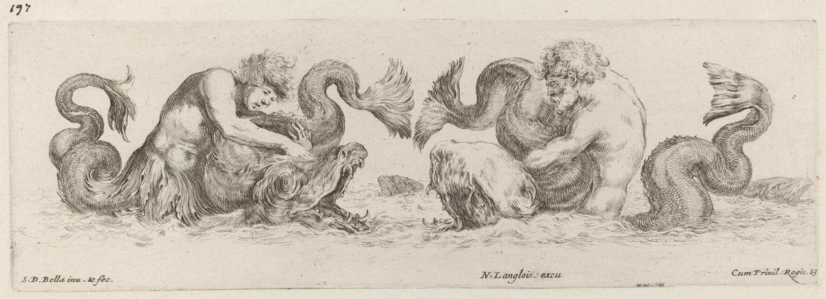 Dolphins and Tritons by Stefano Della Bella (Italian, 1610 - 1664), 16X12"(A3)Poster Print