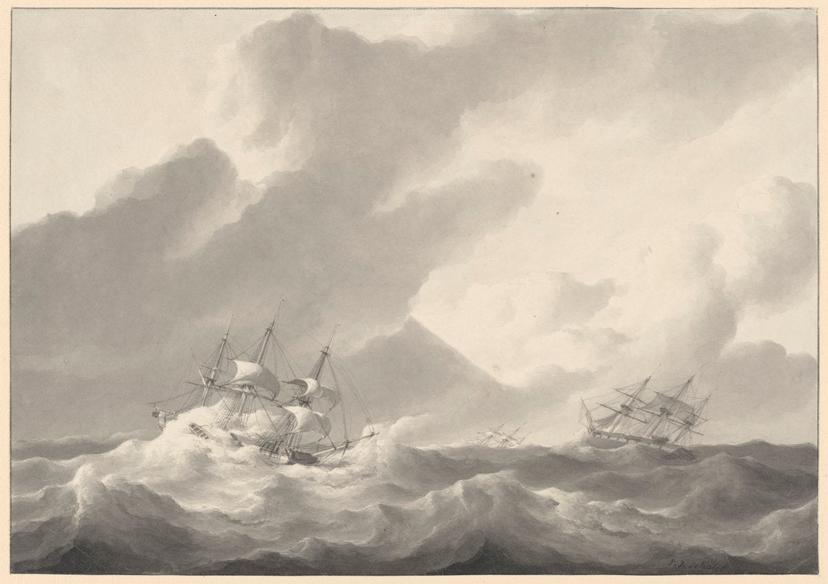 Ships in a Stormy Sea by Petrus Johannes Schotel (Dutch, 1808 - 1865), 16X12"(A3)Poster Print