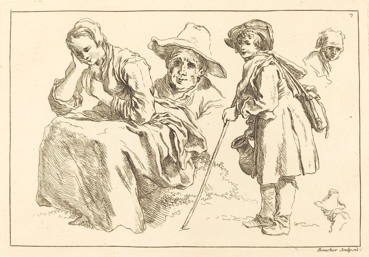 Figure Studies including  Standing Boy Holding a Pitcher by François Boucher after Abraham Bloemaert (French, 1703 - 1770), 16X12"(A3)Poster Print