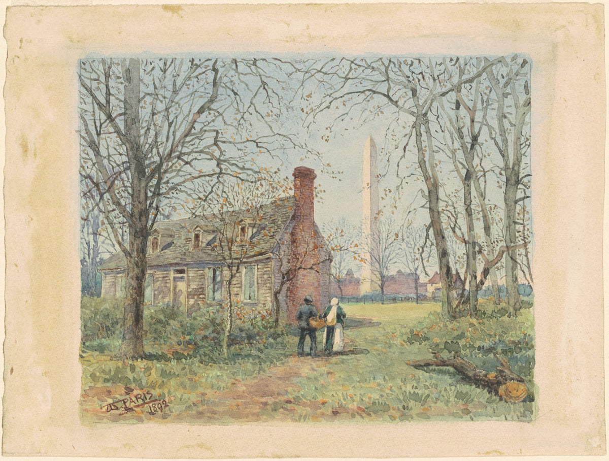 David Burns' Cottage and the Washington Monument by Walter Paris (American, 1842 - 1906), 16X12"(A3)Poster Print