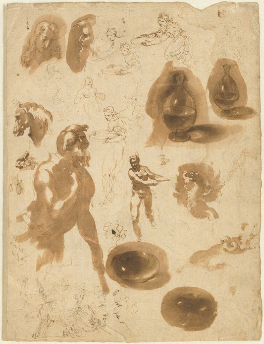 Studies of Glass Jars and Figures (recto) by Ambrogio Figino (Italian, 1548 - 1608), 16X12"(A3)Poster Print