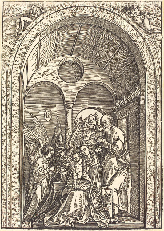 The Holy Family with Two Angels in a Vaulted Hall by Albrecht Dürer (German, 1471 - 1528), 16X12"(A3)Poster Print