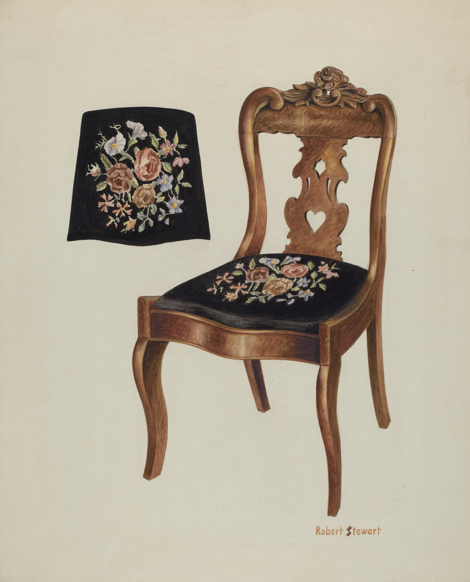 Walnut Carved Back Chair by Robert Stewart (American, active c. 1935), 16X12"(A3)Poster Print