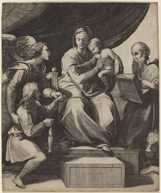 The Virgin with a Fish by Marco Dente after Raphael (Italian, c. 1493 - 1527), 16X12"(A3)Poster Print