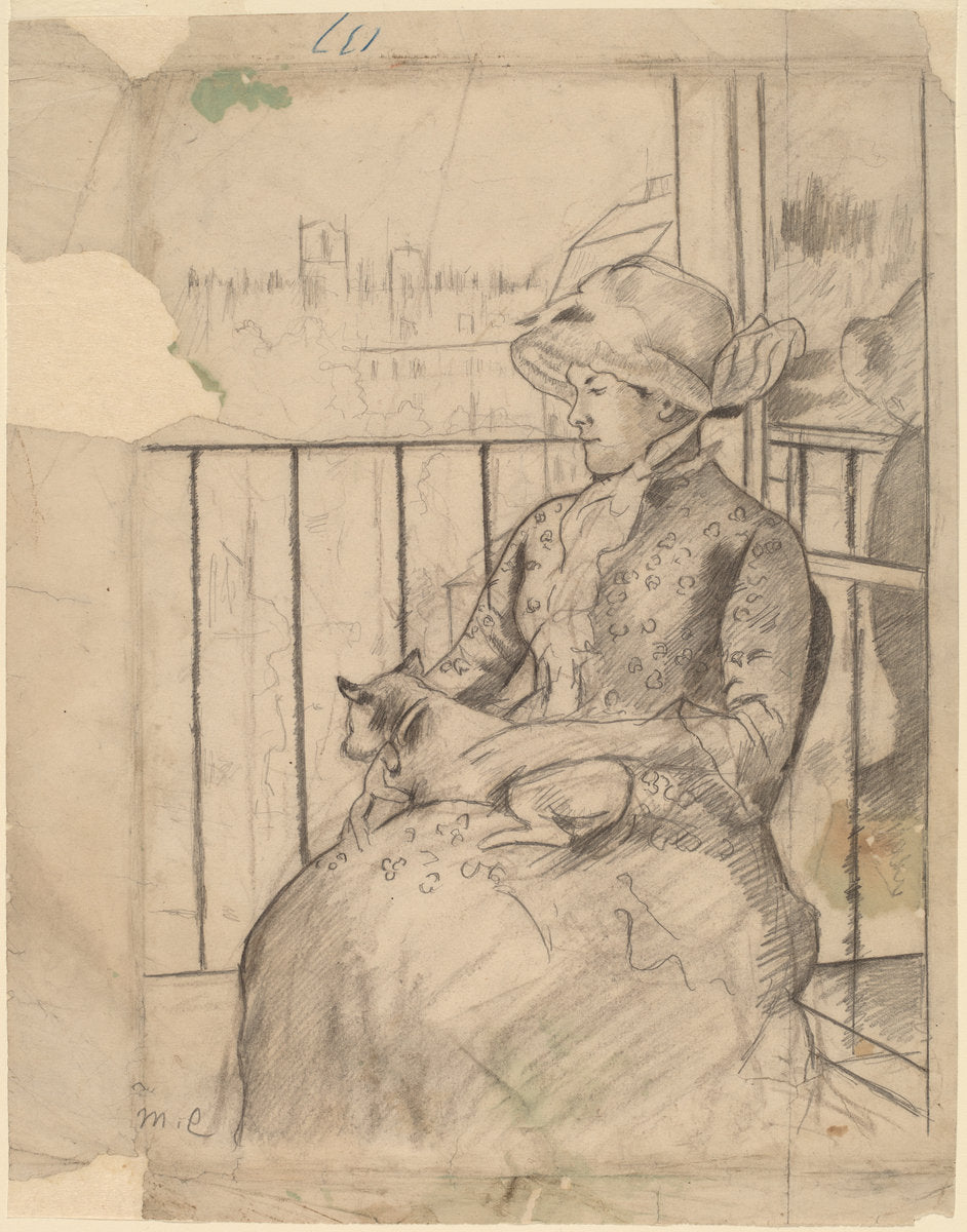 Susan on a Balcony Holding a Dog [recto] by Mary Cassatt (American, 1844 - 1926), 16X12"(A3)Poster Print
