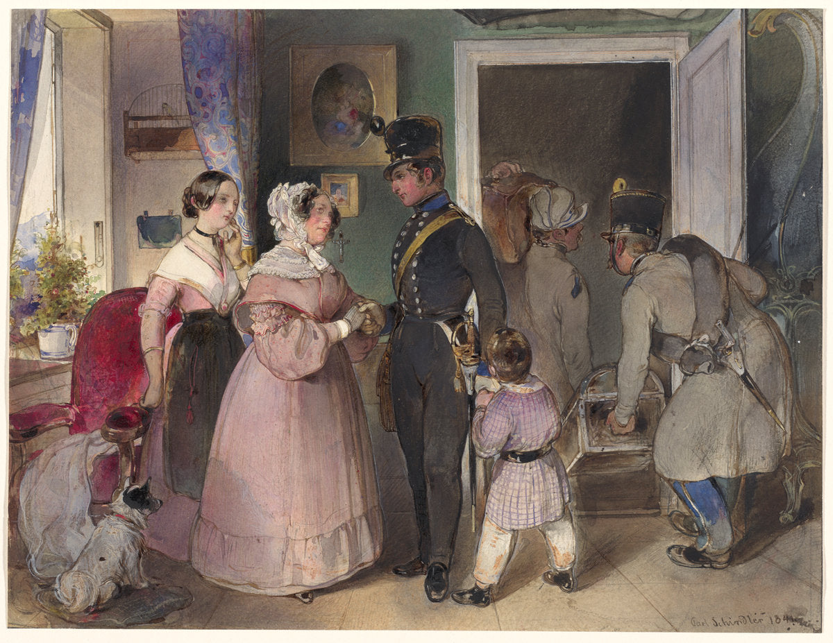 A Young Officer Saying Farewell to His Family by Carl Schindler (German, 1821 - 1842), 16X12"(A3)Poster Print