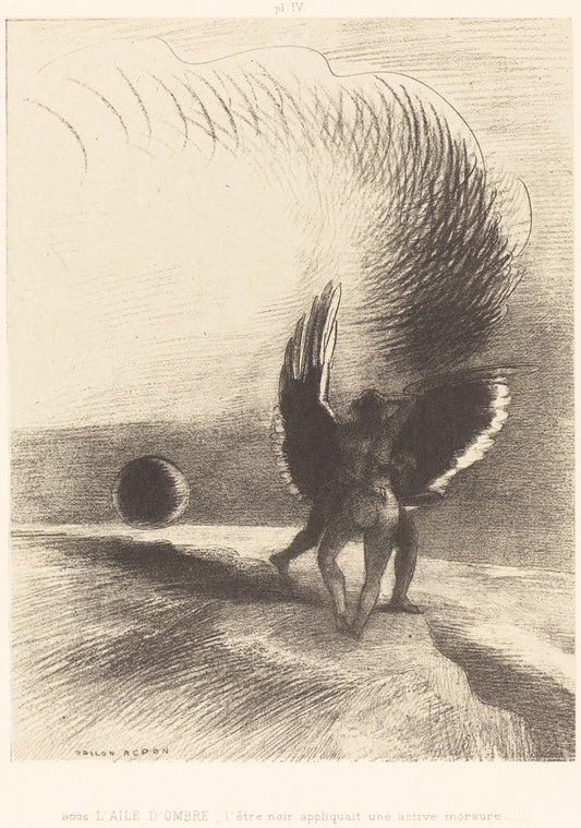 Sous l'aile d'ombre, l'etre noir appliquait une active morsure (Beneath the wing of shadow the black creature was biting energetically) by Odilon Redon (French, 1840 - 1916), 16X12"(A3)Poster Print