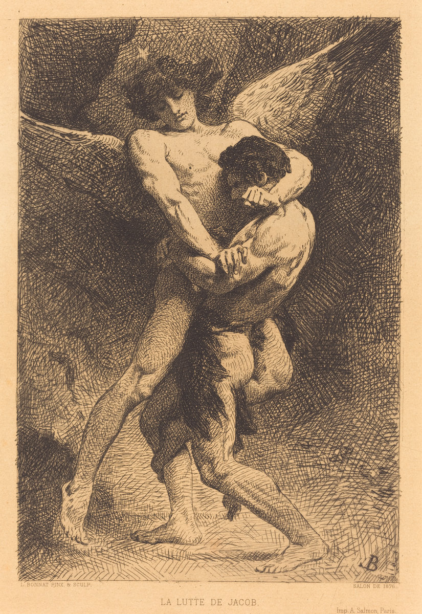 La Lutte de Jacob (Jacob Wrestling with the Angel) by Léon Bonnat (French, 1833 - 1922), 16X12"(A3)Poster Print