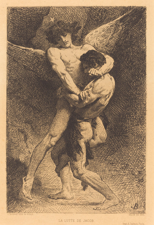 La Lutte de Jacob (Jacob Wrestling with the Angel) by Léon Bonnat (French, 1833 - 1922), 16X12"(A3)Poster Print