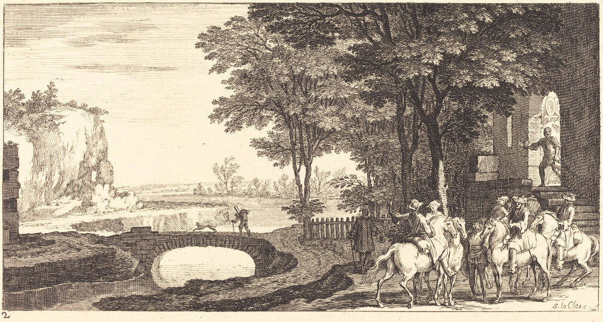 Landscape with Horsemen and Bridge by Sébastien Le Clerc I (French, 1637 - 1714), 16X12"(A3)Poster Print