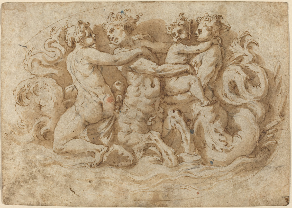 Tritons and Nymphs by Attributed to Pellegrino Tibaldi (Italian, 1527 - 1596), 16X12"(A3)Poster Print