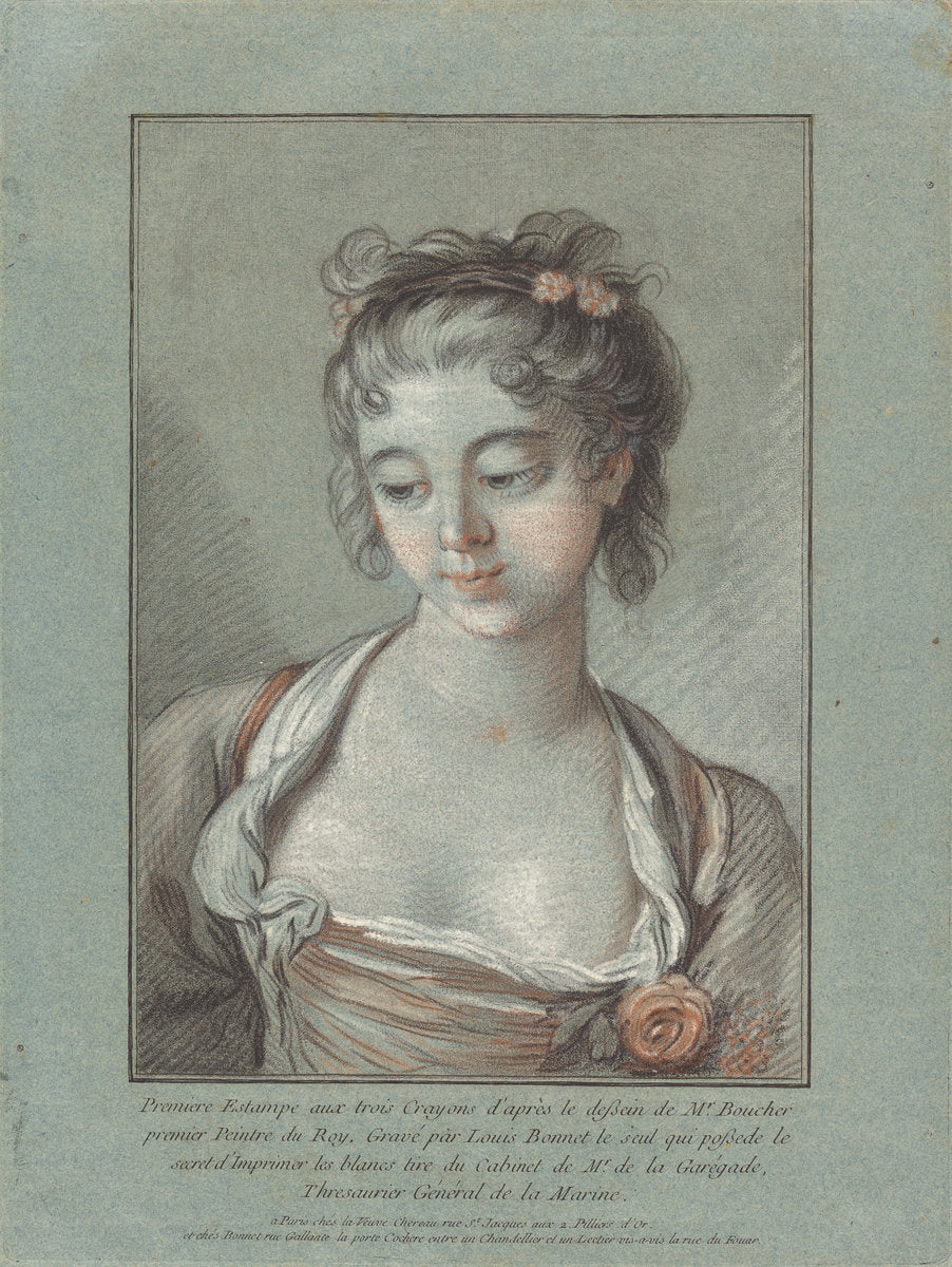 Bust of a Young Woman Looking Down by Louis-Marin Bonnet after François Boucher (French, 1736 - 1793), 16X12"(A3)Poster Print