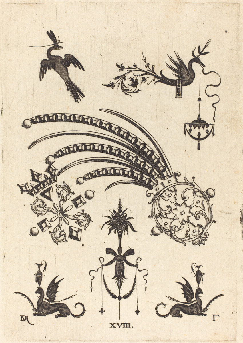 Two Brooches with Bird and Winged Snake at Top and Griffins with Vases at Bottom by Daniel Mignot (German, active 1593/1596), 16X12"(A3)Poster Print