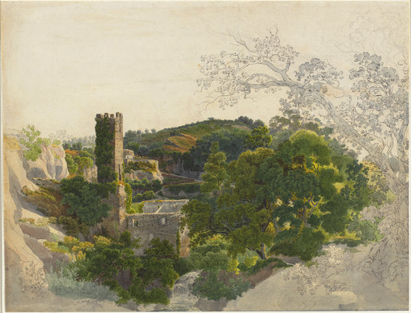 Ruins of a Fortified Tower among Wooded Hills by Friedrich Salathé (Swiss, 1793 - 1858), 16X12"(A3)Poster Print
