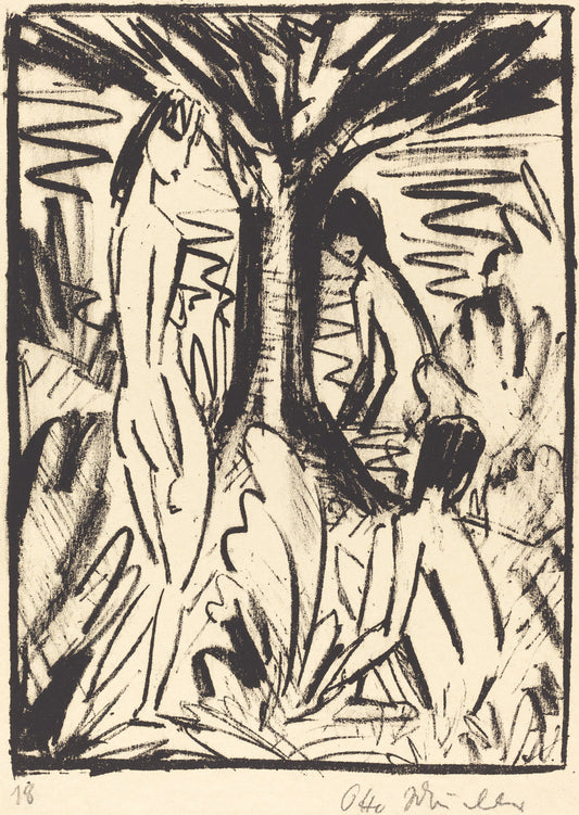 Standing, Sitting, and Bathing Girls near a Tree (Stehende, sitzendes und badendes Madchen am Baum) by Otto Müller (German, 1874 - 1930), 16X12"(A3)Poster Print