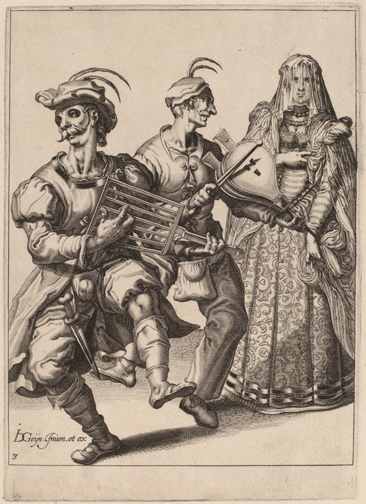A Veiled Woman with Two Musicians Playing a Gridiron and a Bellows by Attributed to Zacharias Dolendo after Jacques de Gheyn II (Dutch, active 1581/1598), 16X12"(A3)Poster Print