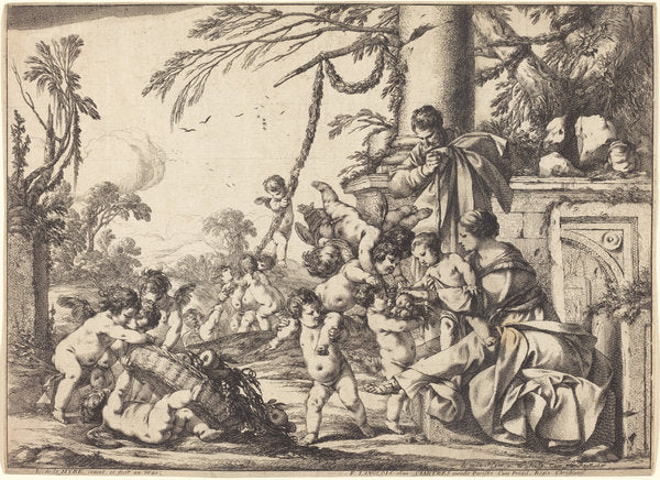 Holy Family with Putti by Laurent de La Hyre (French, 1606 - 1656), 16X12"(A3)Poster Print