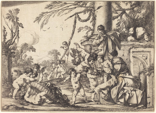 Holy Family with Putti by Laurent de La Hyre (French, 1606 - 1656), 16X12"(A3)Poster Print