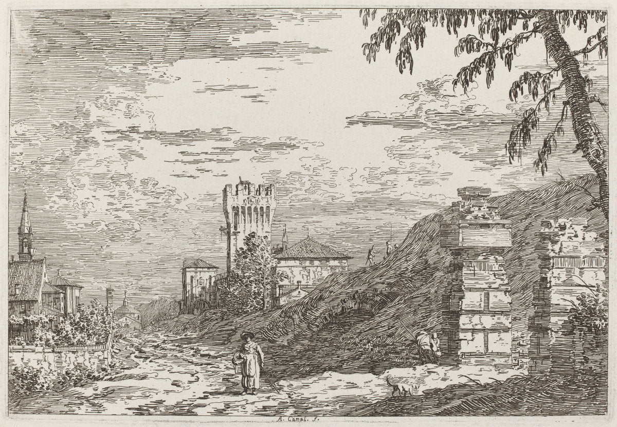 Landscape with Tower and Two Ruined Pillars [left] by Canaletto (Italian, 1697 - 1768), 16X12"(A3)Poster Print