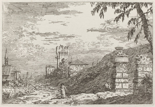Landscape with Tower and Two Ruined Pillars [left] by Canaletto (Italian, 1697 - 1768), 16X12"(A3)Poster Print