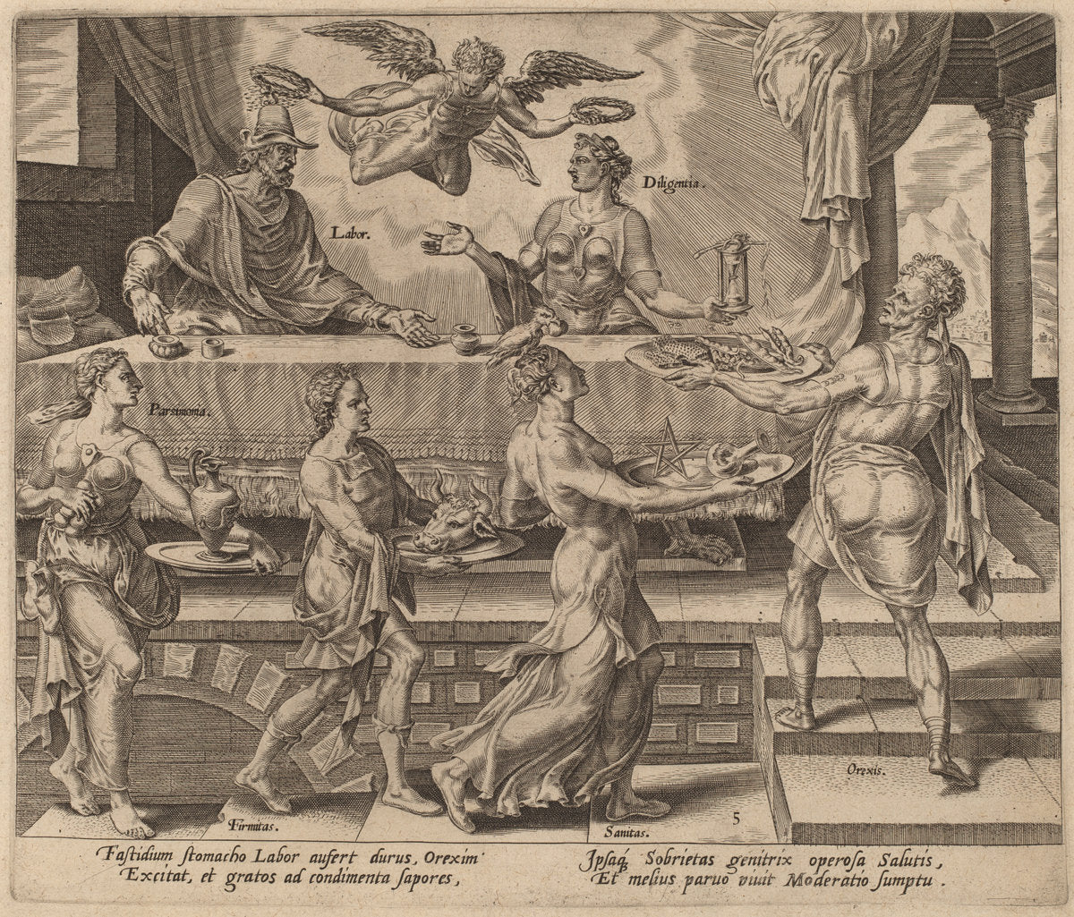 Labor and Diligence Enjoying their Simple Meal by Philip Galle after Maerten van Heemskerck (Flemish, 1537 - 1612), 16X12"(A3)Poster Print