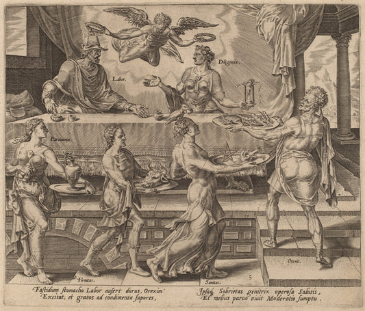Labor and Diligence Enjoying their Simple Meal by Philip Galle after Maerten van Heemskerck (Flemish, 1537 - 1612), 16X12"(A3)Poster Print