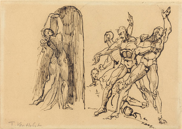 Five Male Nudes Gesticulating as a Nude Woman Enters a Portal by Theodore M. von Holst (British, 1810 - 1844), 16X12"(A3)Poster Print
