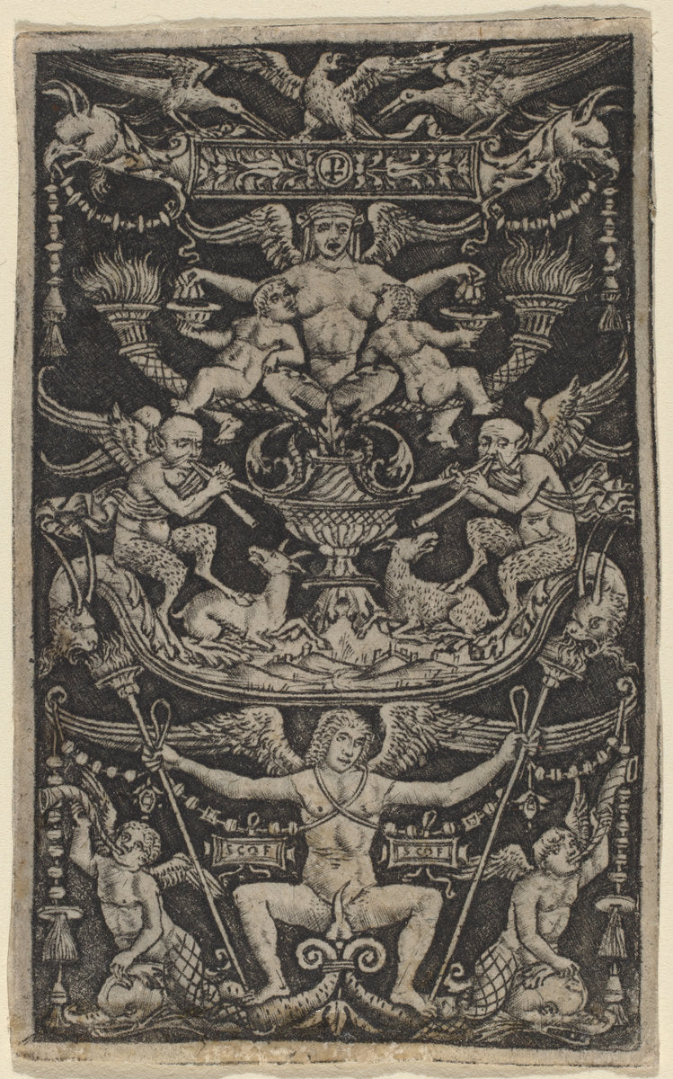 Panel of Ornament with a Satyress Feeding Two Children by Peregrino da Cesena (Italian, active c. 1490/1520), 16X12"(A3)Poster Print