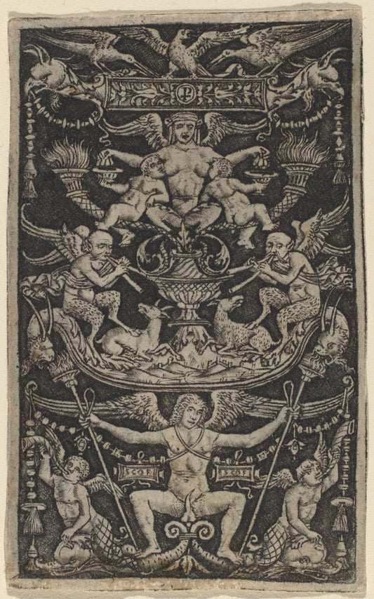 Panel of Ornament with a Satyress Feeding Two Children by Peregrino da Cesena (Italian, active c. 1490/1520), 16X12"(A3)Poster Print