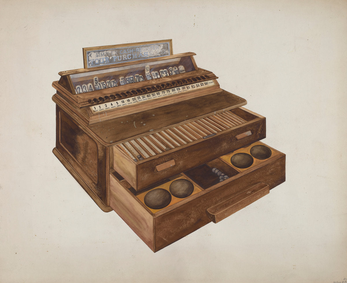 Wooden Cash Register by Wilbur M Rice (American, active c. 1935), 16X12"(A3)Poster Print