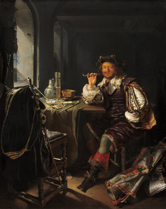 A Soldier Smoking a Pipe by Frans van Mieris (Dutch, 1635 - 1681), 16X12"(A3)Poster Print