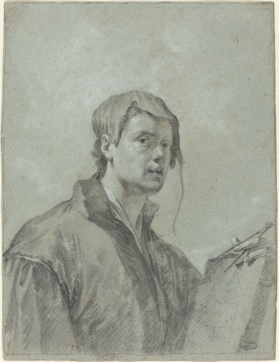 black chalk heightened with white on blue laid paper by after Willem Drost (An Artist Holding a Book and Compass), 16X12"(A3)Poster Print