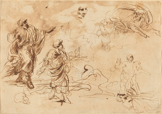 mid-17th Century by Roman 17th Century (Studies for a Biblical Scene with God the Father Appearing to a Bearded Male Figure), 16X12"(A3)Poster Print