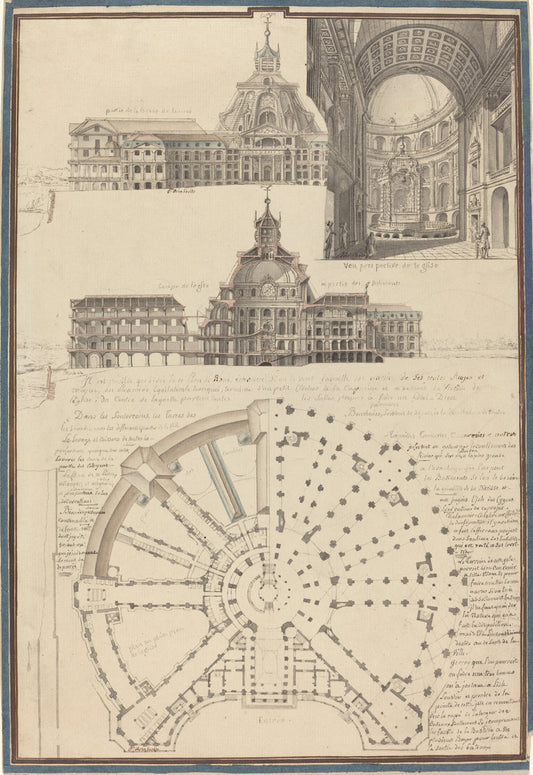 Plan and Three Views of a Circular Church by Pierre Varin (French, active 1736 - 1753), 16X12"(A3)Poster Print
