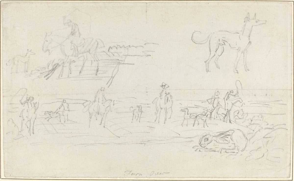 Huntsmen with Hounds and a Crouching Hare [recto] by James Seymour (British, 1702 - 1752), 16X12"(A3)Poster Print